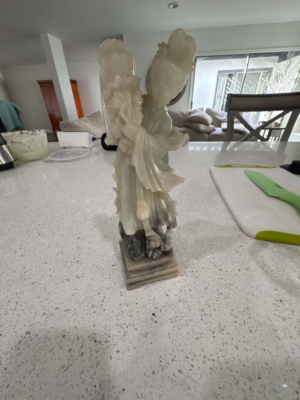 Vintage Hand-Carved Soapstone Statue of a Chinese Goddess Holding Lotus